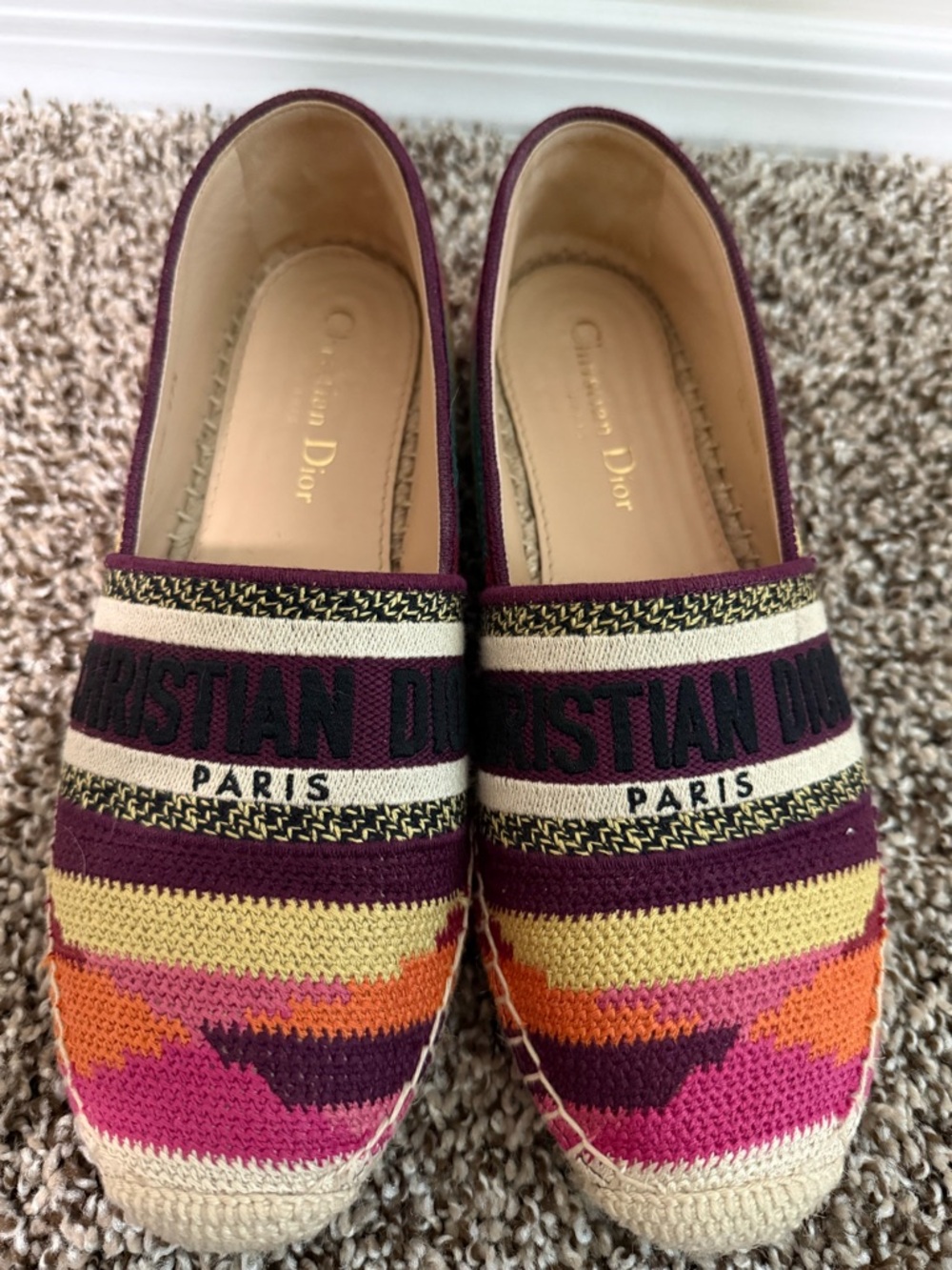 Dior Multicolor Canvas Slip-On Espadrilles with Burgundy, Pink & Orange Accents - Picture 2 of 6